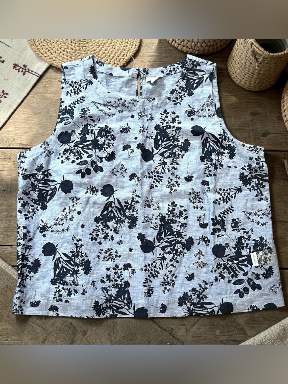 Liz Claiborne Linen Blend Floral Blouse Women XXL Blue Sleeveless Summer Top NWT
